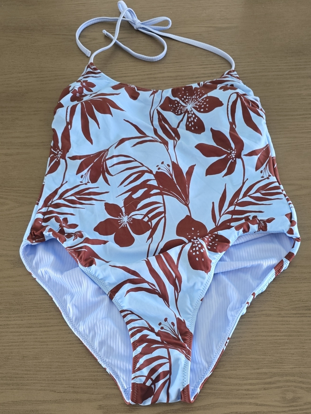 One-Piece Swimsuit with Brown Floral Print - Reversible Sz Lg Nwt